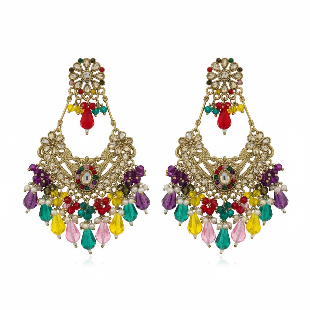 Naanu antique gold kundan chandbali earrings with rainbow crystal drops and pearl accents. Floral stud top.