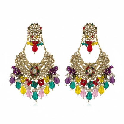 Naanu antique gold kundan chandbali earrings with rainbow crystal drops and pearl accents. Floral stud top.
