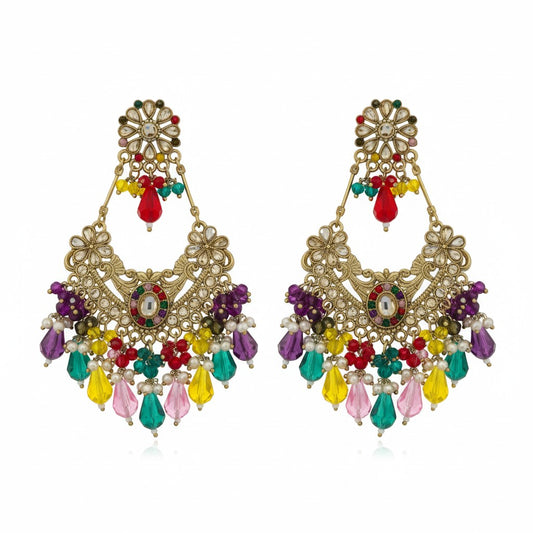 Naanu antique gold kundan chandbali earrings with rainbow crystal drops and pearl accents. Floral stud top.