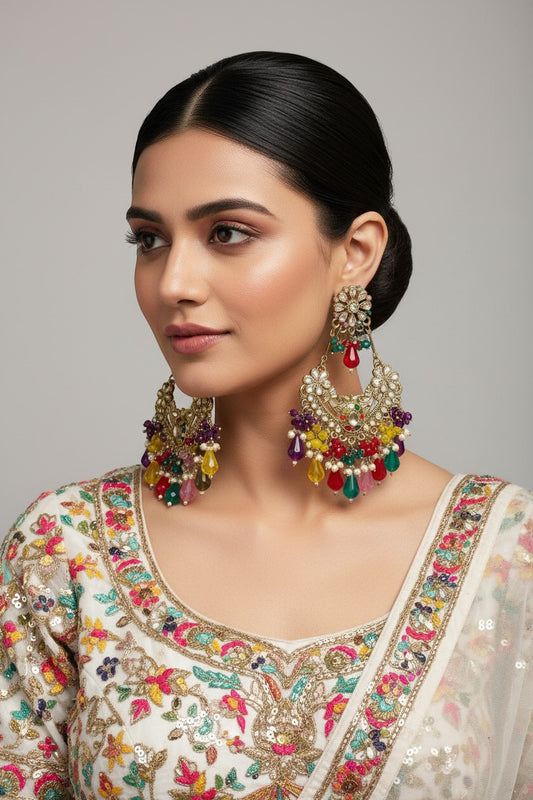 Naanu antique gold chandbali earrings with kundan polki floral stud and rainbow crystal drops. Festive Indian jewellery.
