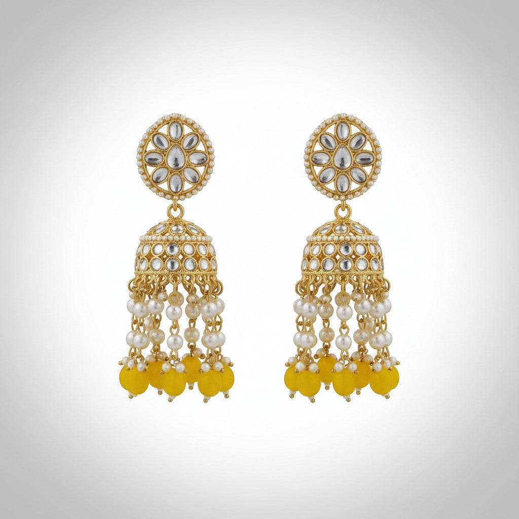 Naanu Kundan Polki Jhumka earrings with pearl and yellow bead drops, gold-tone, intricate floral top.