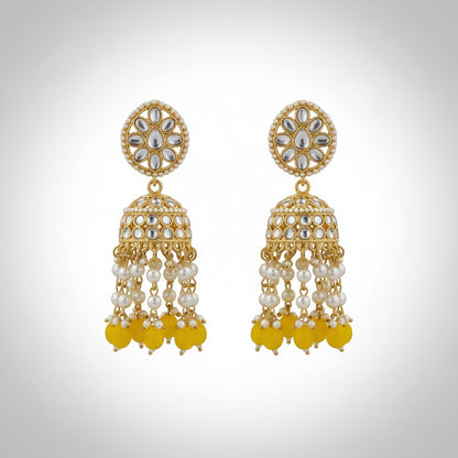 Naanu Kundan Polki Jhumka earrings with pearl and yellow bead drops, gold-tone, intricate floral top.