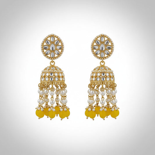Naanu Kundan Polki Jhumka earrings with pearl and yellow bead drops, gold-tone, intricate floral top.