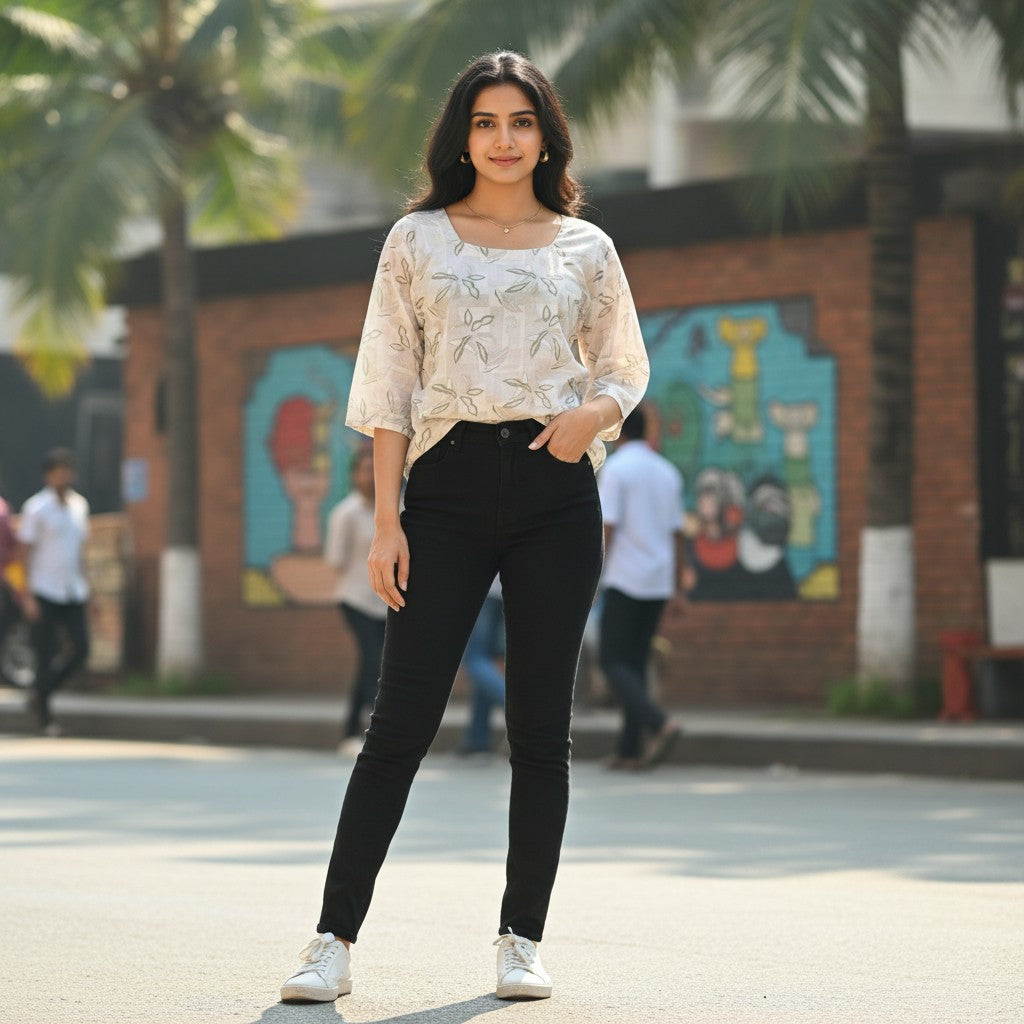 Naanu soft lavender grey cotton top with all-over grey leaf embroidery, scoop neck, and 3/4 sleeves.
