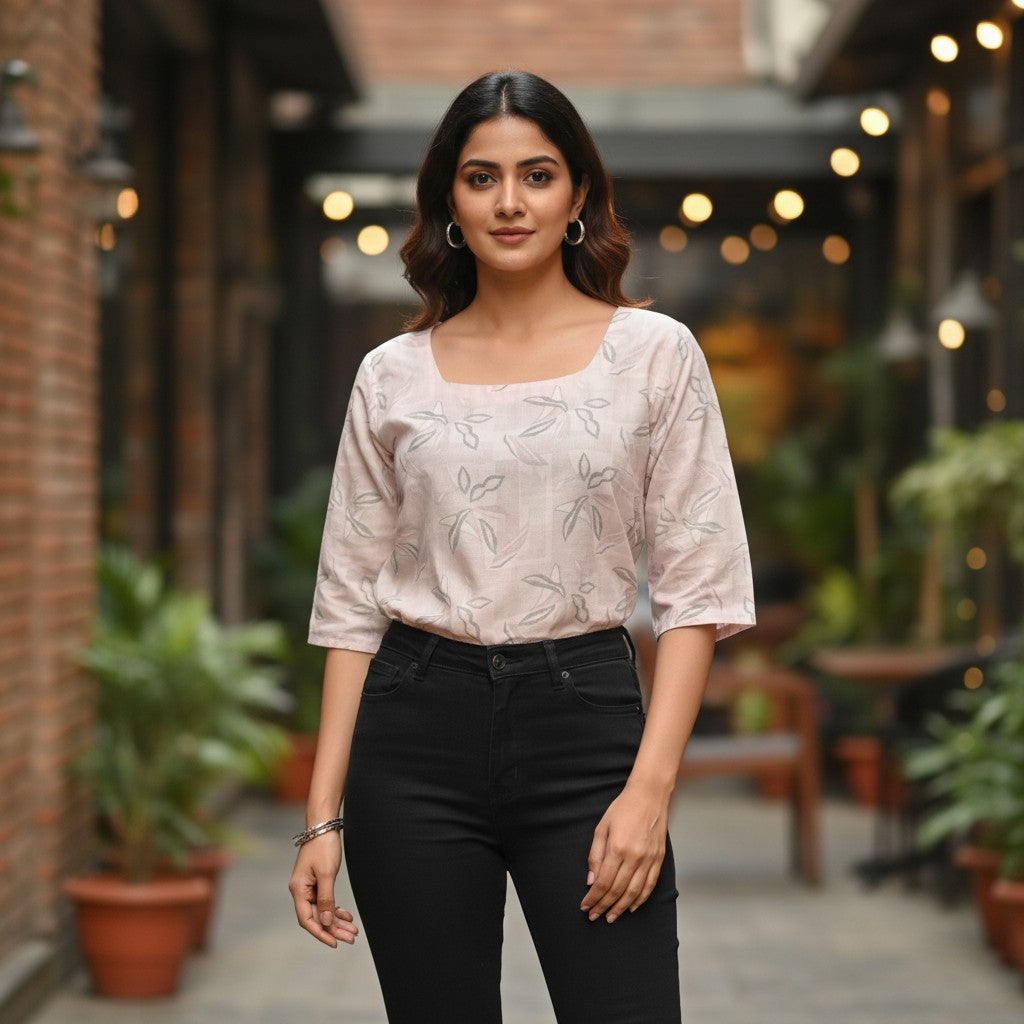 Naanu soft lavender grey cotton top with all-over grey leaf embroidery, scoop neck, and 3/4 sleeves.