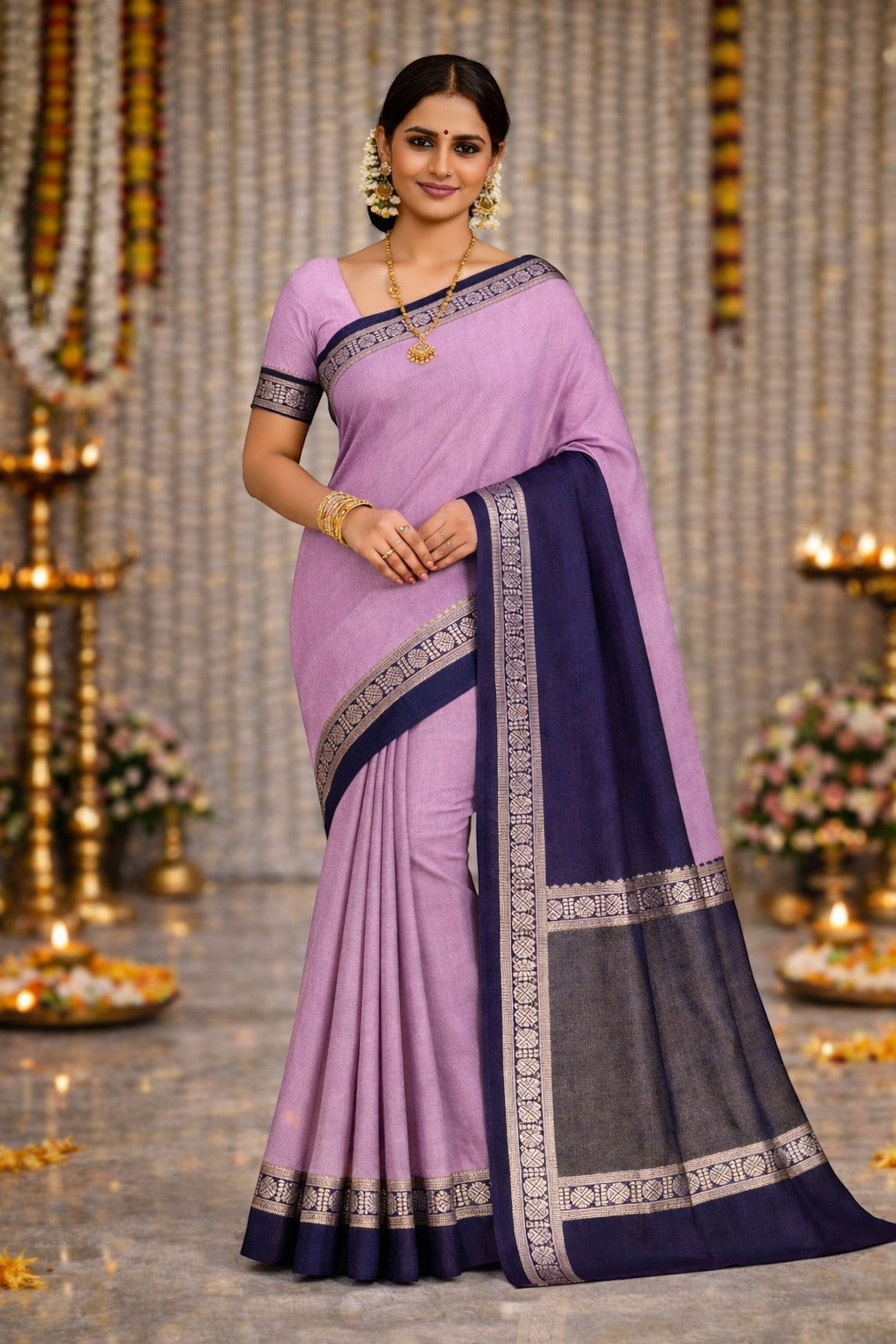 Naanu lilac Chanderi silk saree with a navy blue contrast border and intricate motif detailing. Model wears traditional gold jewelry.
