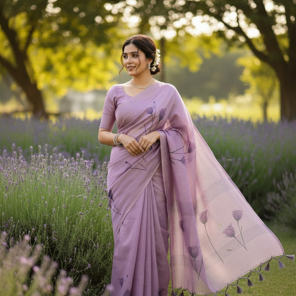 Naanu lilac linen-textured saree with hand-painted purple floral print and green border. Model wears matching blouse.