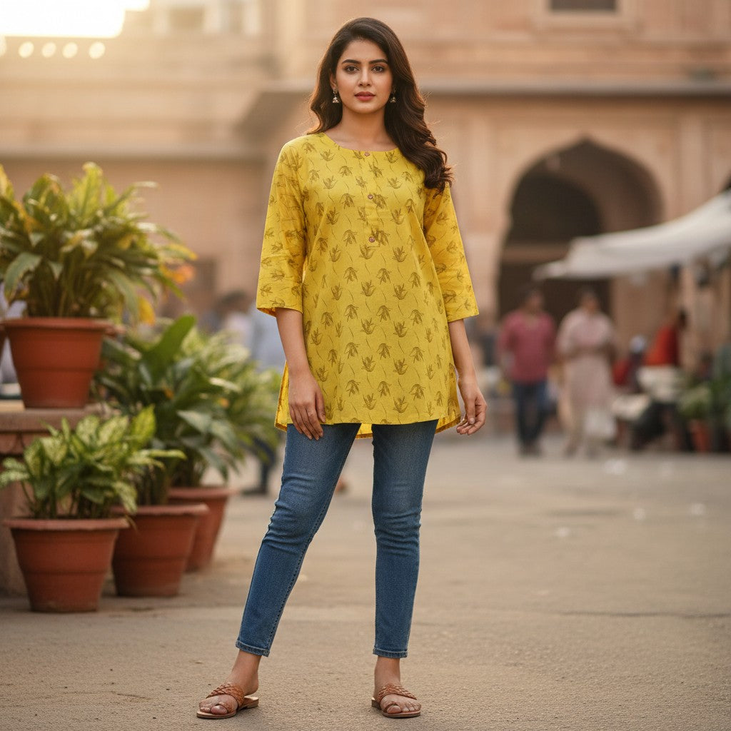 Naanu lime yellow cotton kurti with olive green bamboo print and wooden buttons. Round neck, 3/4 sleeves, straight fit.