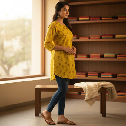 Naanu lime yellow cotton short kurti with olive green bamboo print and wooden buttons.