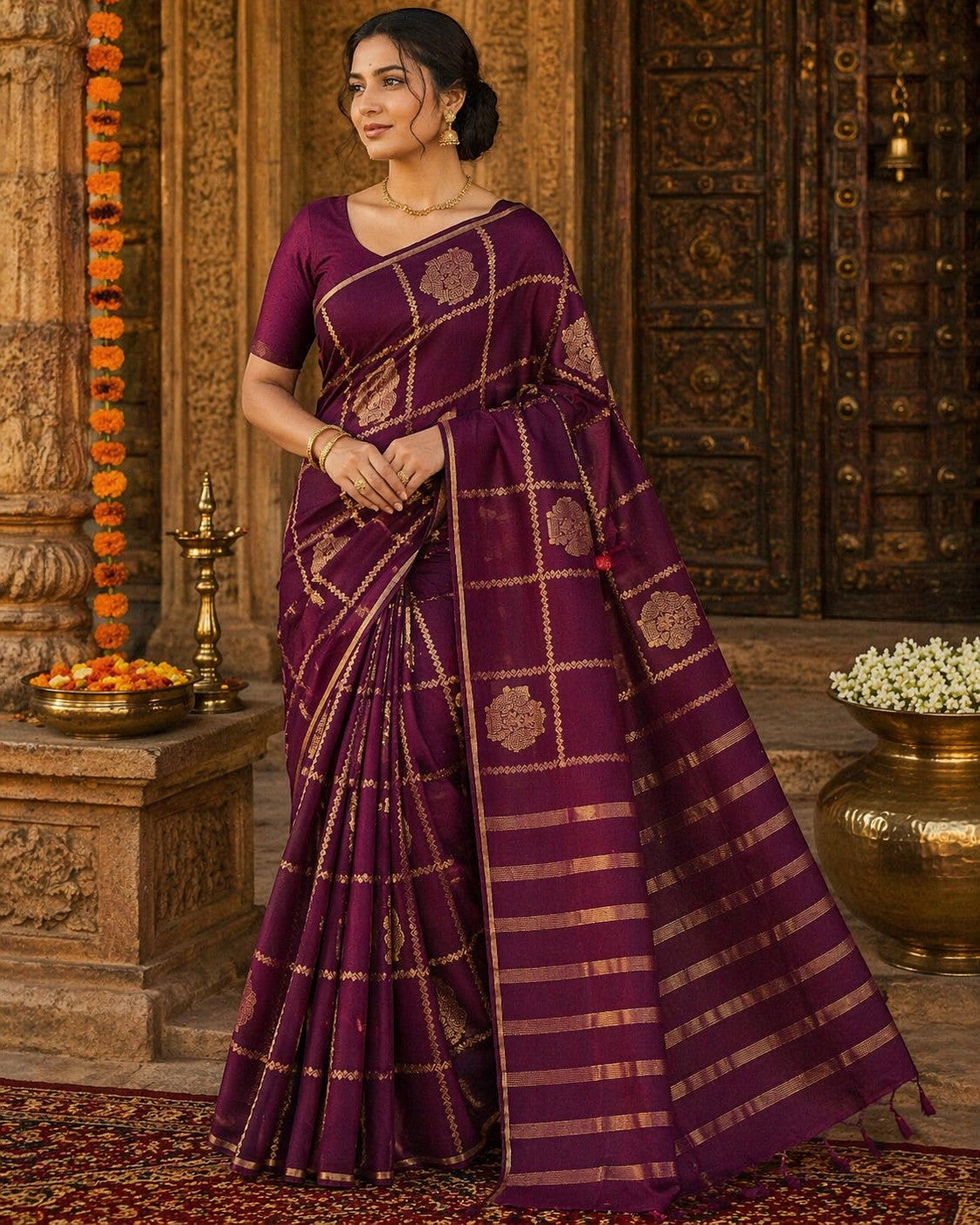 Naanu magenta crepe silk saree with gold deity motifs and golden stripe pallu. Borderless design, ideal for bridal wear.