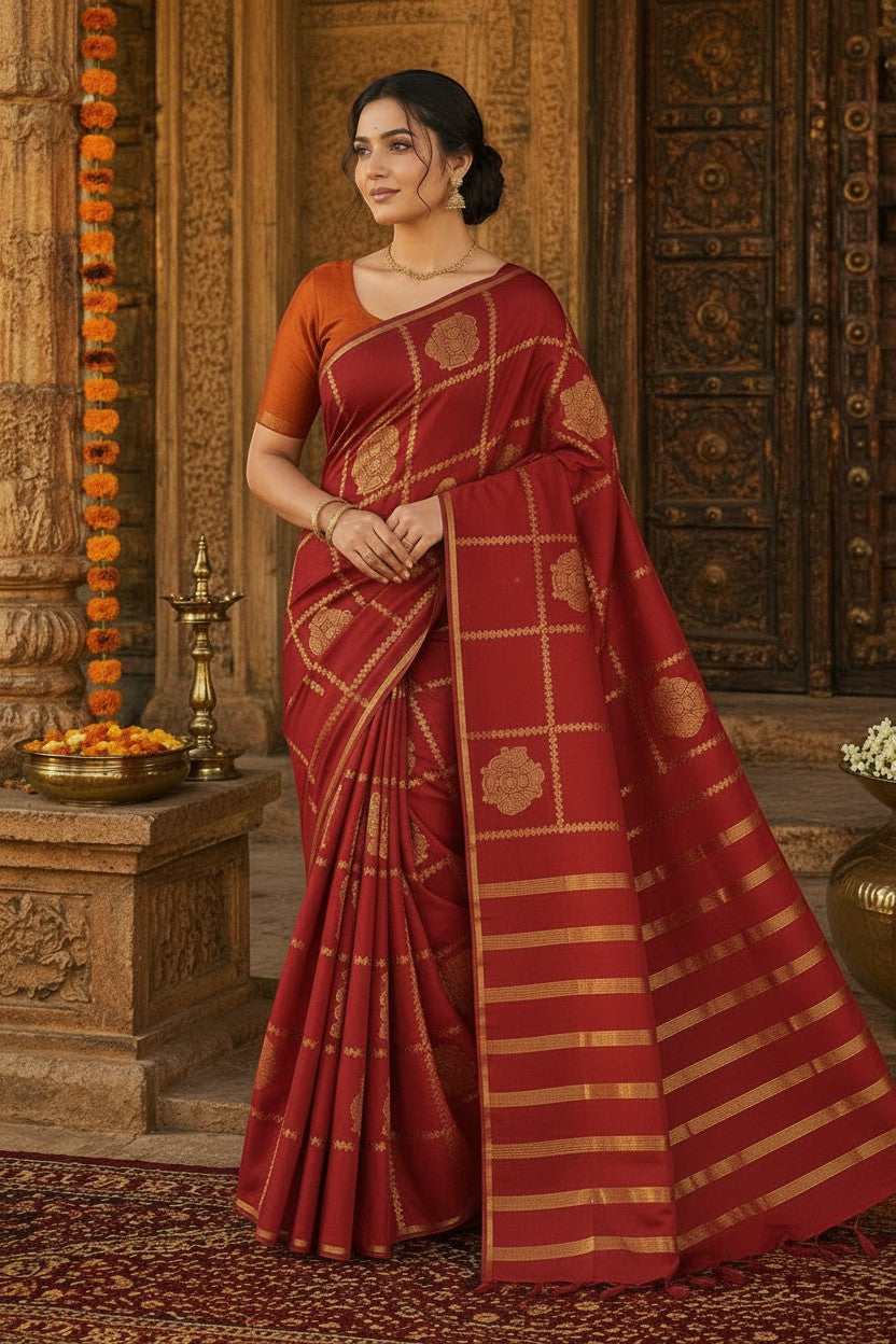 Naanu magenta crepe silk saree with gold deity motifs and golden stripe pallu. Borderless design, ideal for bridal wear.
