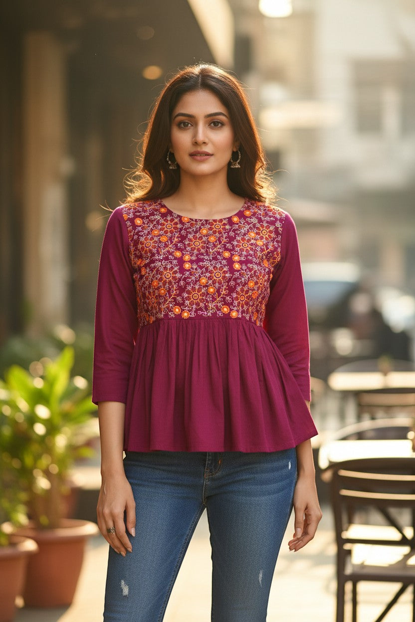 Naanu magenta purple cotton peplum top with floral embroidery on yoke and full sleeves, paired with blue jeans.