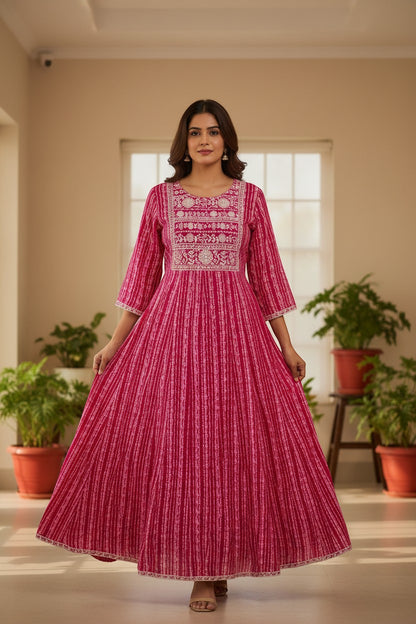Naanu magenta and hot pink leheriya stripe cotton Anarkali kurta with white chikankari embroidery on yoke and sleeves.