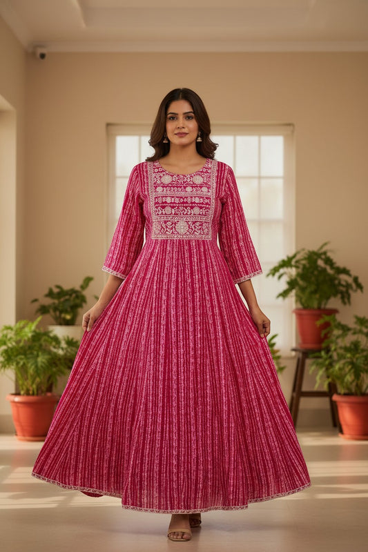 Naanu magenta and hot pink leheriya stripe cotton Anarkali kurta with white chikankari embroidery on yoke and sleeves.