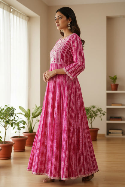 Naanu magenta and hot pink leheriya stripe cotton Anarkali kurta with white chikankari embroidery on the yoke and sleeves.