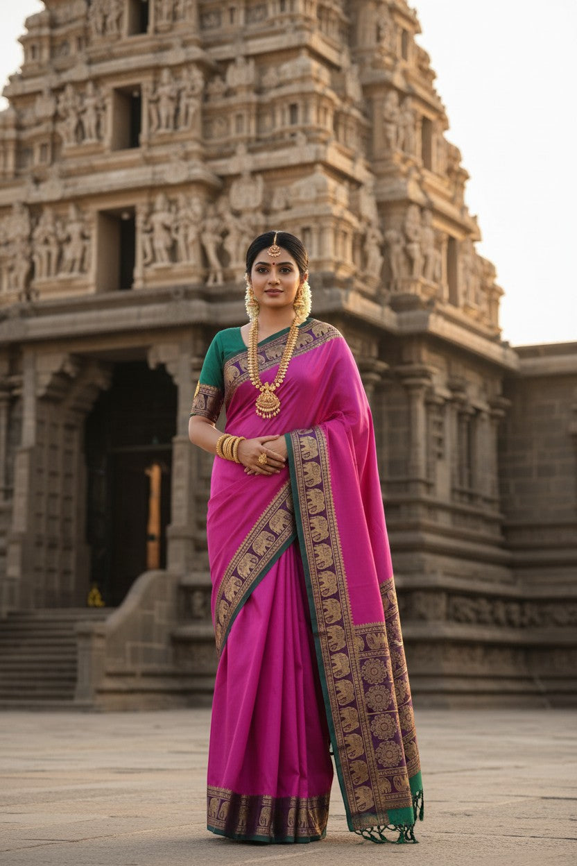 Naanu magenta pink silk saree with elephant zari border and teal trim, worn by a woman in front of a temple.