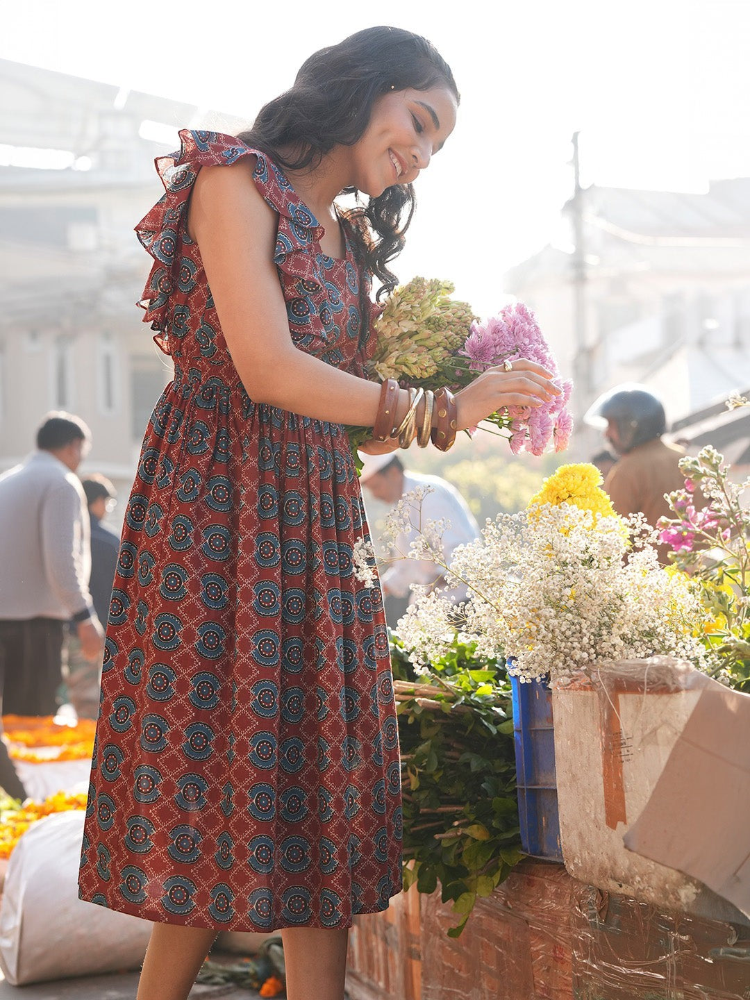 Naanu maroon cotton midi dress with Ajrakh medallion print, square neck, and ruffle flutter sleeves.