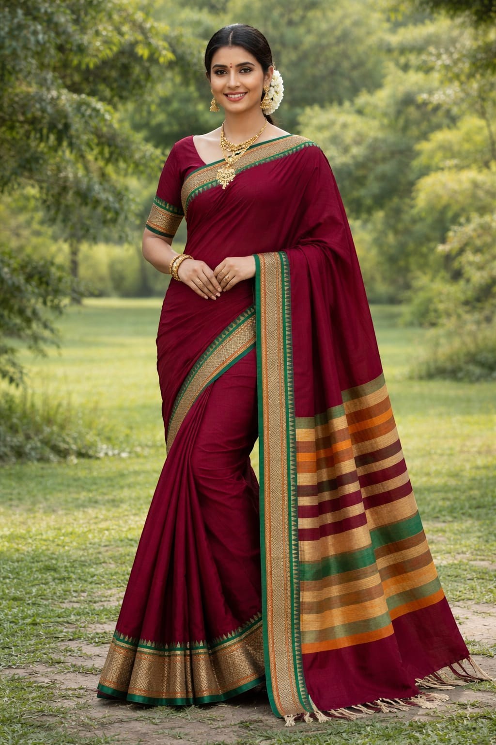 Naanu deep maroon cotton saree with green geometric woven border and multicolor striped pallu. Model wears gold jewelry.