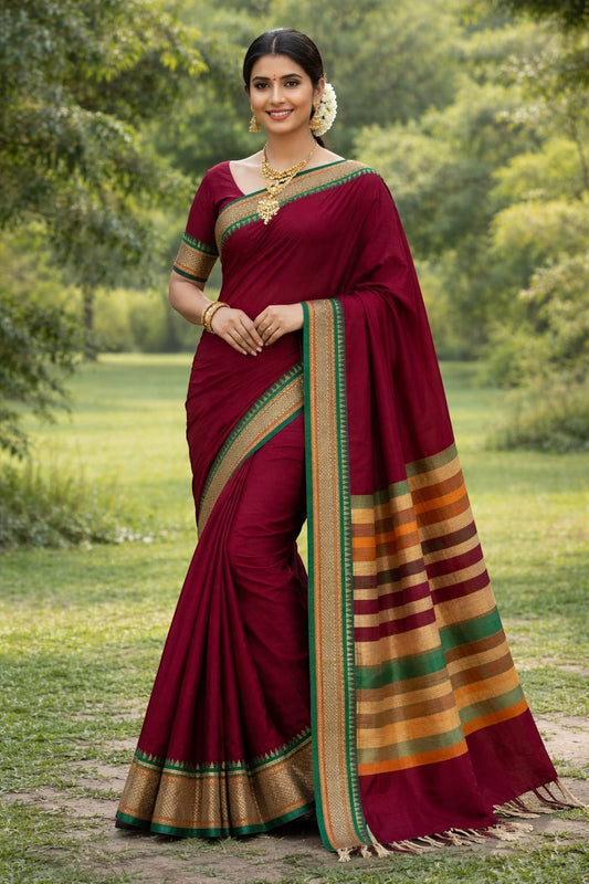 Naanu deep maroon cotton saree with green geometric woven border and multicolor striped pallu. Model wears gold jewelry.