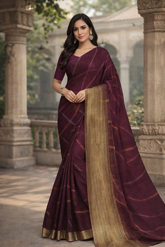 Naanu maroon georgette saree with abstract diagonal stripes, gold zari pallu and border. Festive wear.