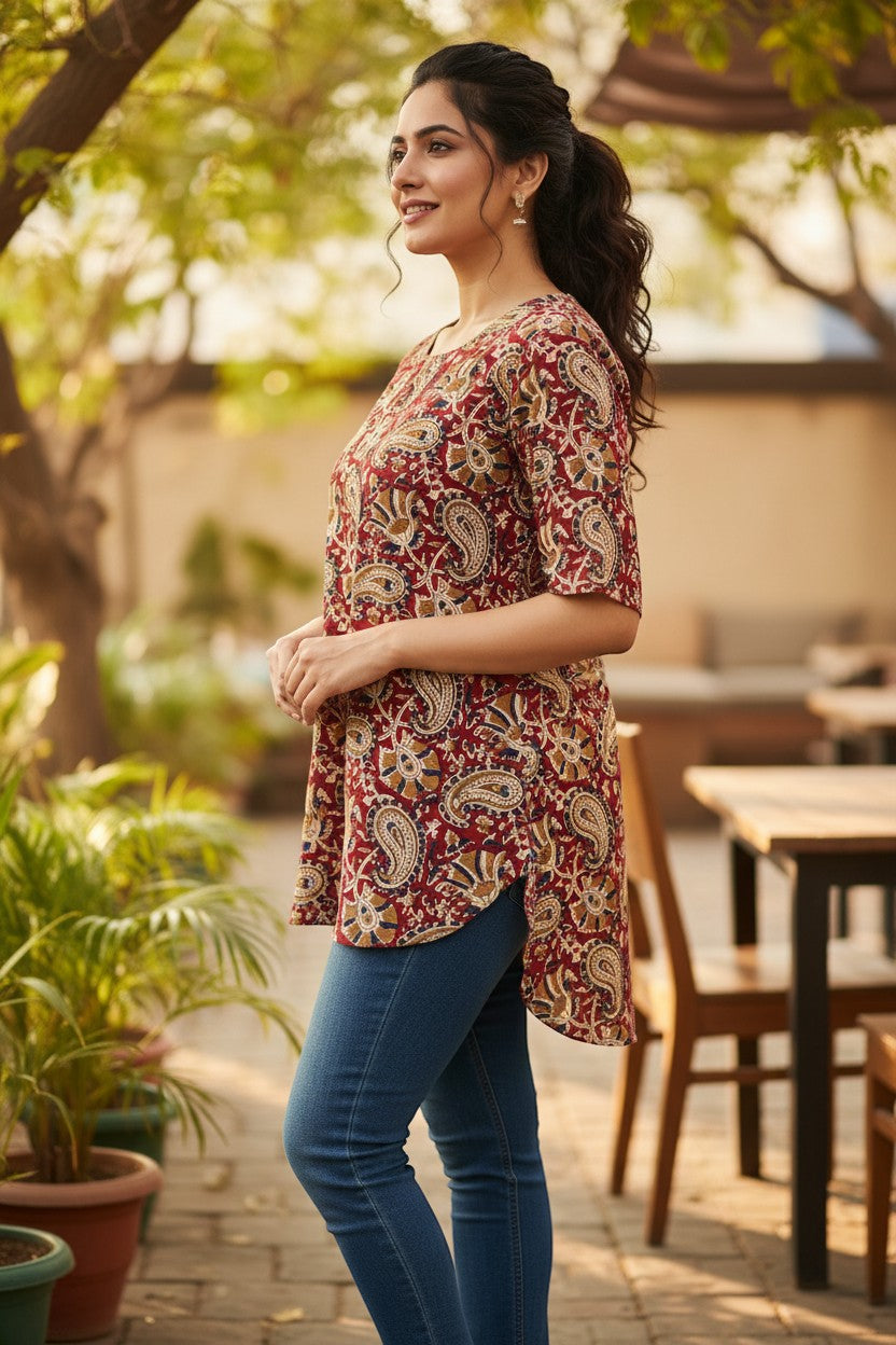 Naanu maroon red cotton short top with cream gold paisley and peacock kalamkari print, round neck, 3/4 sleeves, and asymmetric hem.