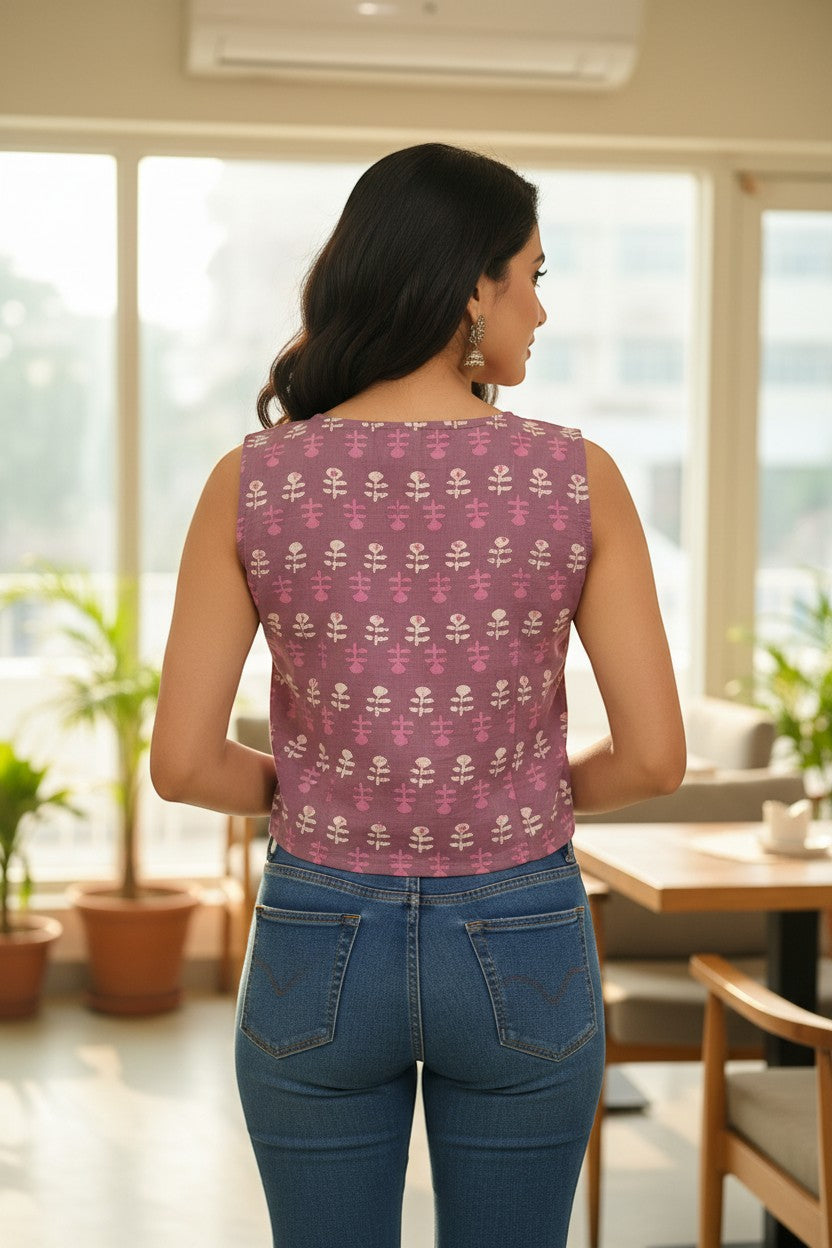 Naanu dusty mauve purple cotton crop top with white and pink floral buta print, scoop neck, sleeveless with cap sleeves.