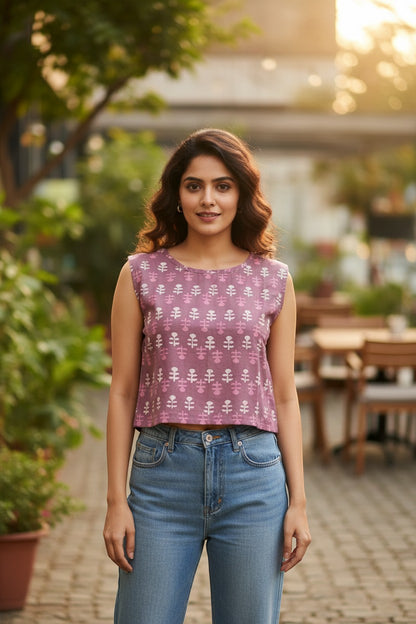 Naanu dusty mauve purple cotton crop top with white and pink floral buta print, scoop neck, and cap sleeves.