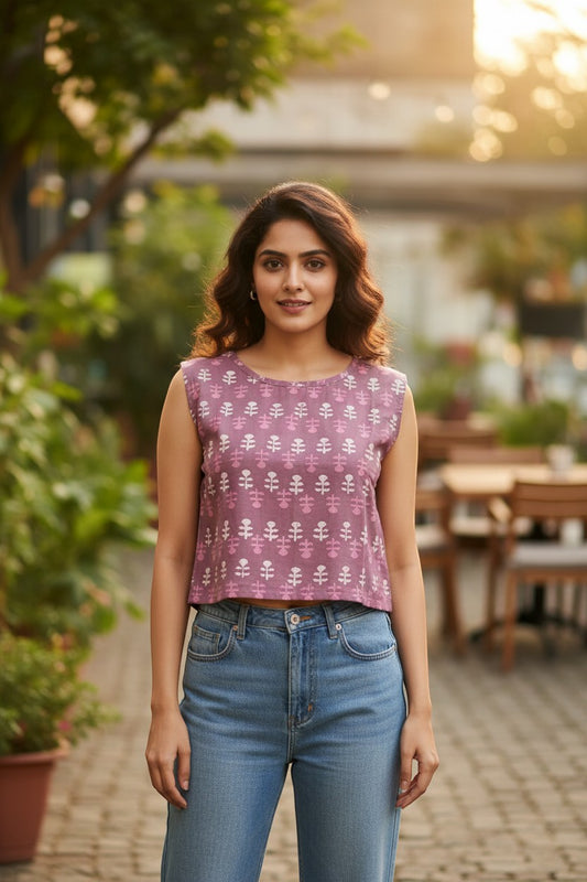 Naanu dusty mauve purple cotton crop top with white and pink floral buta print, scoop neck, and cap sleeves.