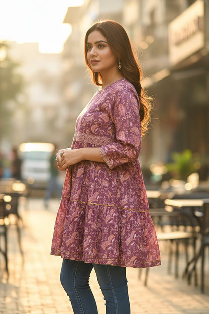 Naanu mauve purple cotton tiered frock kurti with paisley print, lace belt, and gold trim