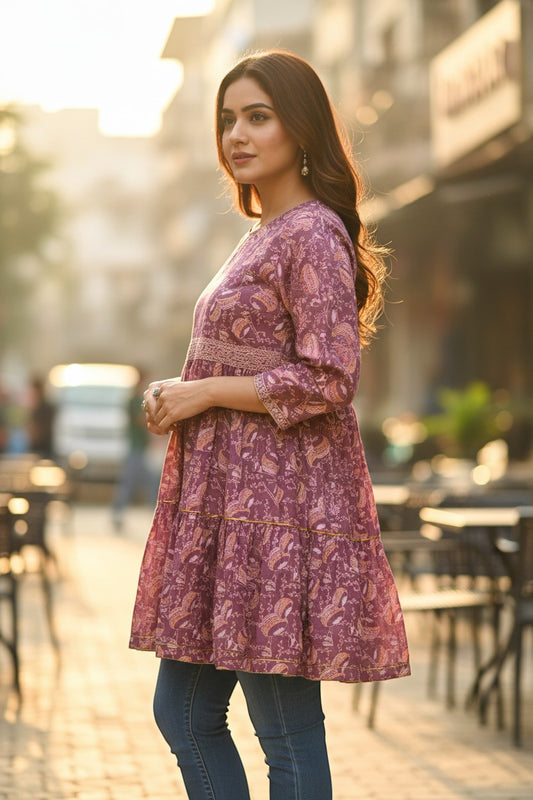Naanu mauve purple cotton tiered frock kurti with paisley print, lace belt, and gold trim