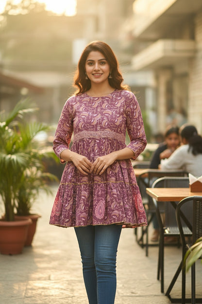 Naanu mauve purple cotton tiered frock kurti with paisley print, lace belt, and gold trim. Model wears blue jeans.