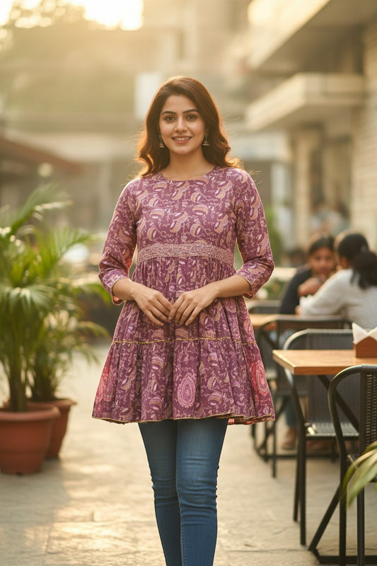 Naanu mauve purple cotton tiered frock kurti with paisley print, lace belt, and gold trim. Model wears blue jeans.