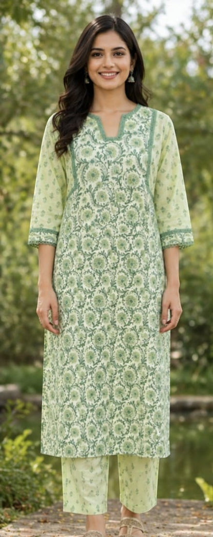 Naanu mint green cotton kurta set with circular jaal block print, V-neck, bell sleeves, and lace trim. Includes matching pants.