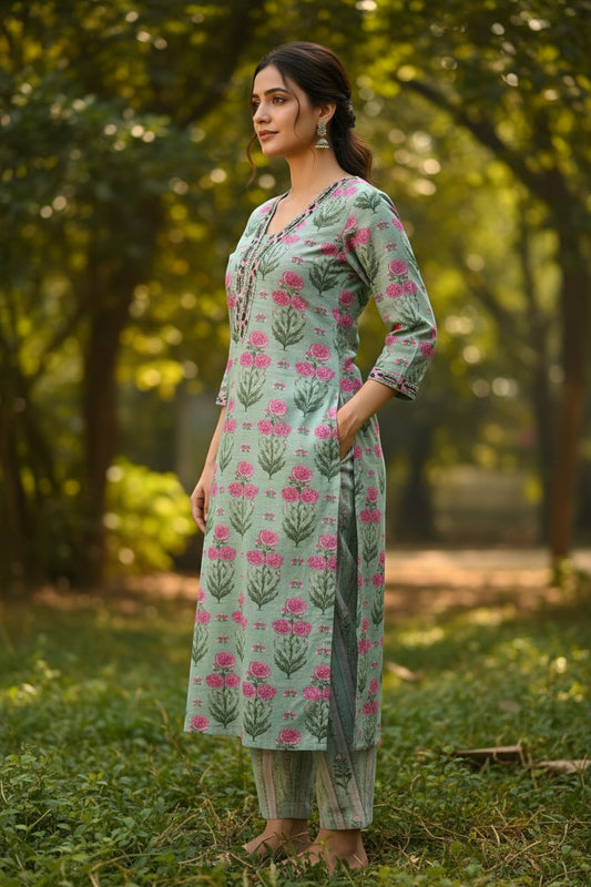 Naanu mint green floral block print kurta with mirror embroidered V-neck and striped pants. 3/4 sleeves, straight hem, side slits.