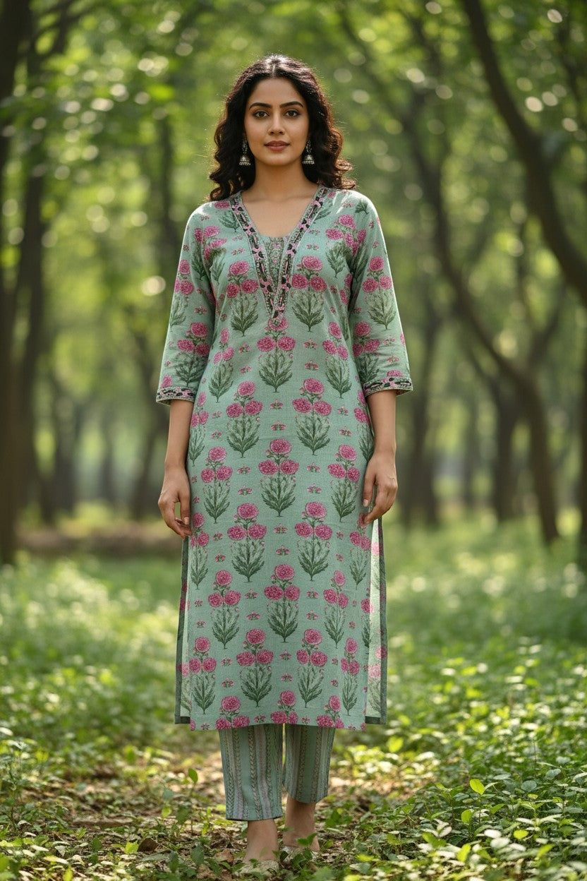 Naanu mint green floral block print kurta with mirror embroidered V-neck and striped pants. 3/4 sleeves, straight hem, side slits.