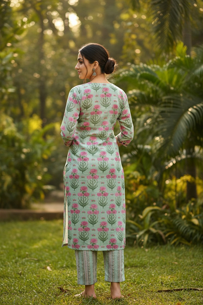Naanu mint green floral block print kurta with mirror embroidered V-neck and striped pants. 3/4 sleeves, straight hem, side slits.
