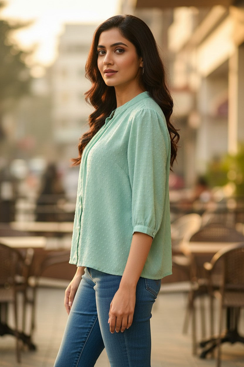 Naanu mint green georgette short shirt with mandarin collar, pearl buttons, and 3/4 sleeves, worn by a model with blue jeans.