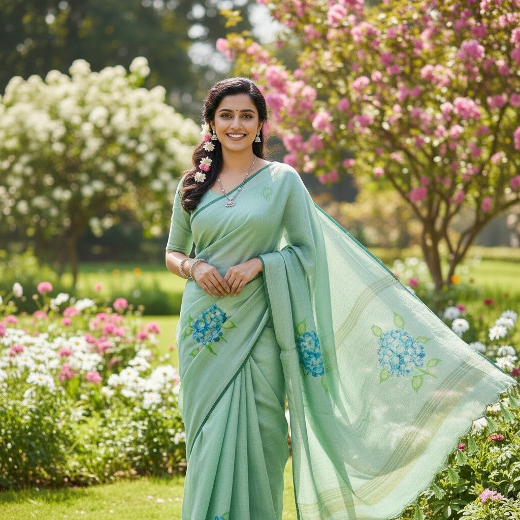 Naanu mint green linen-textured saree with hand-painted blue hydrangea floral print and green border. Model wears it with a matching blouse and green tassels on the pallu.