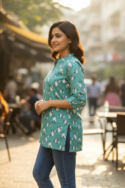 Naanu mint teal short cotton kurti with all-over white sheep print, V-notch neckline, and 3/4 sleeves.