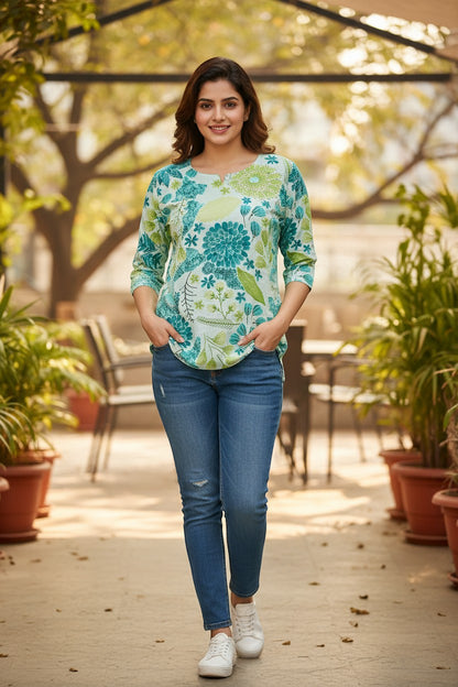 Naanu mint white cotton short top with bold teal floral print and keyhole neck, 3/4 sleeves.