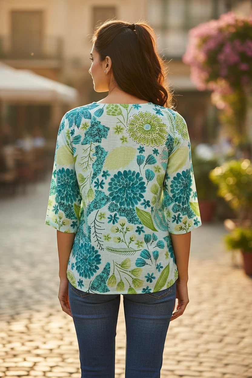 Naanu mint white short top with bold teal green floral print and 3/4 sleeves, worn by a woman.