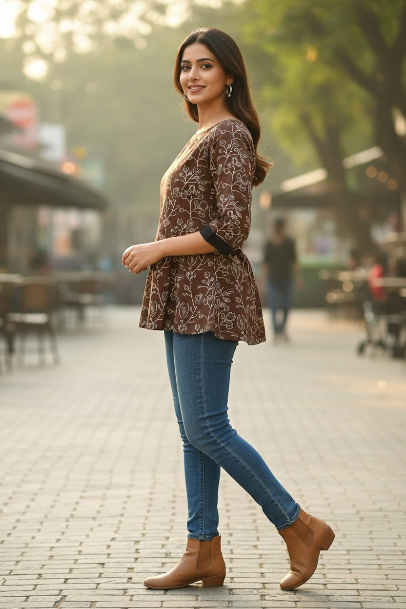 Naanu mocha brown cotton kurti with white tulip floral print, 3/4 sleeves, boat neck, and A-line flare.