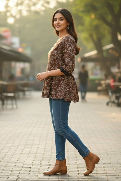 Naanu mocha brown cotton kurti with white tulip floral print, 3/4 sleeves, boat neck, and A-line flare.