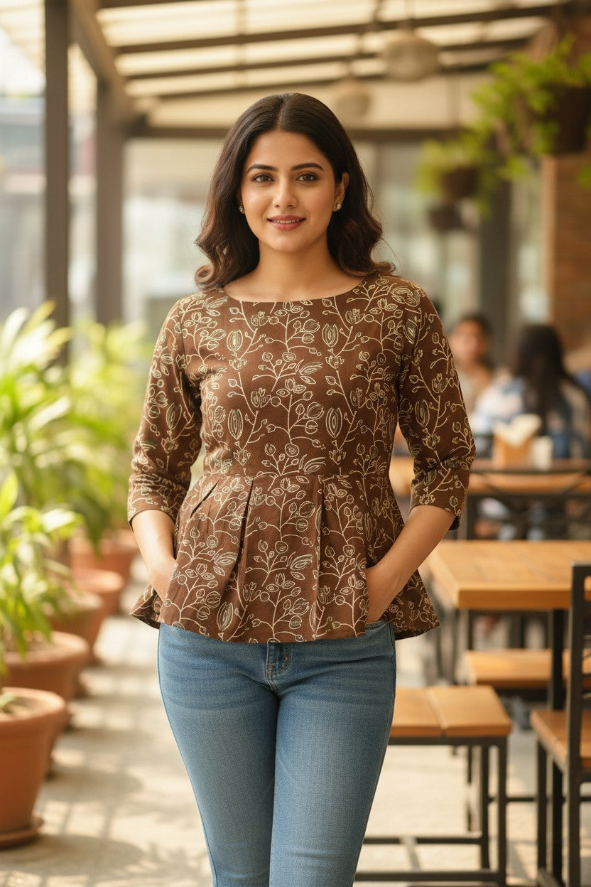 Naanu mocha brown cotton kurti with white floral vine print, boat neck, 3/4 sleeves, and A-line flare.