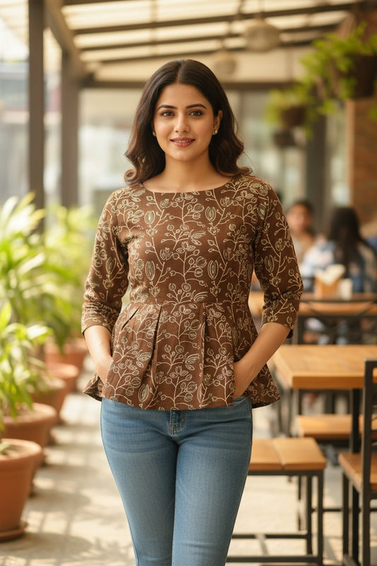 Naanu mocha brown cotton kurti with white floral vine print, boat neck, 3/4 sleeves, and A-line flare.