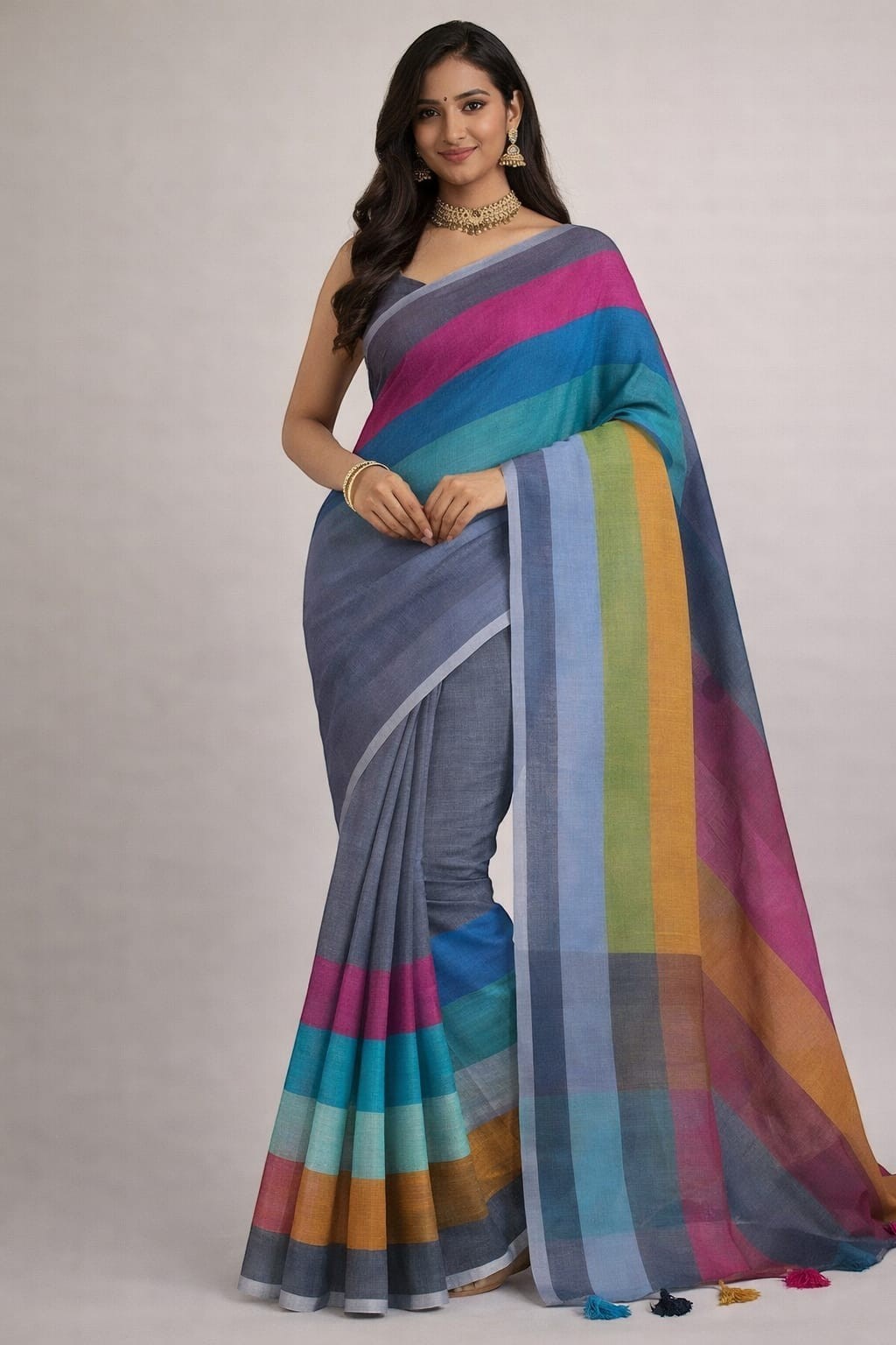 Naanu multicolor striped cotton saree with bold horizontal stripes in orange, hot pink, purple, magenta, and blue. Casual and festive wear.