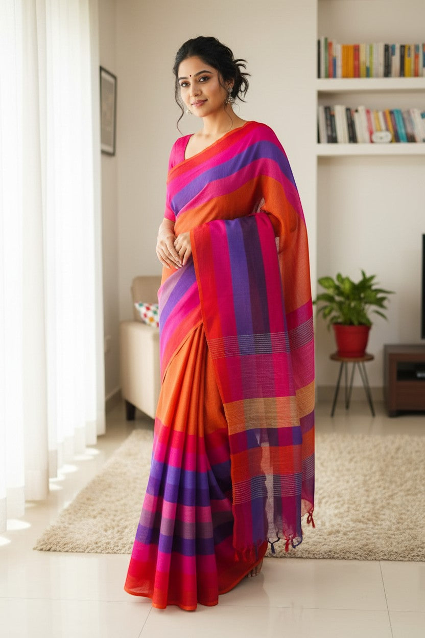 Naanu multicolor striped cotton saree with horizontal bands of orange, pink, purple, and magenta. Lightweight, breathable fabric with a subtle woven texture.