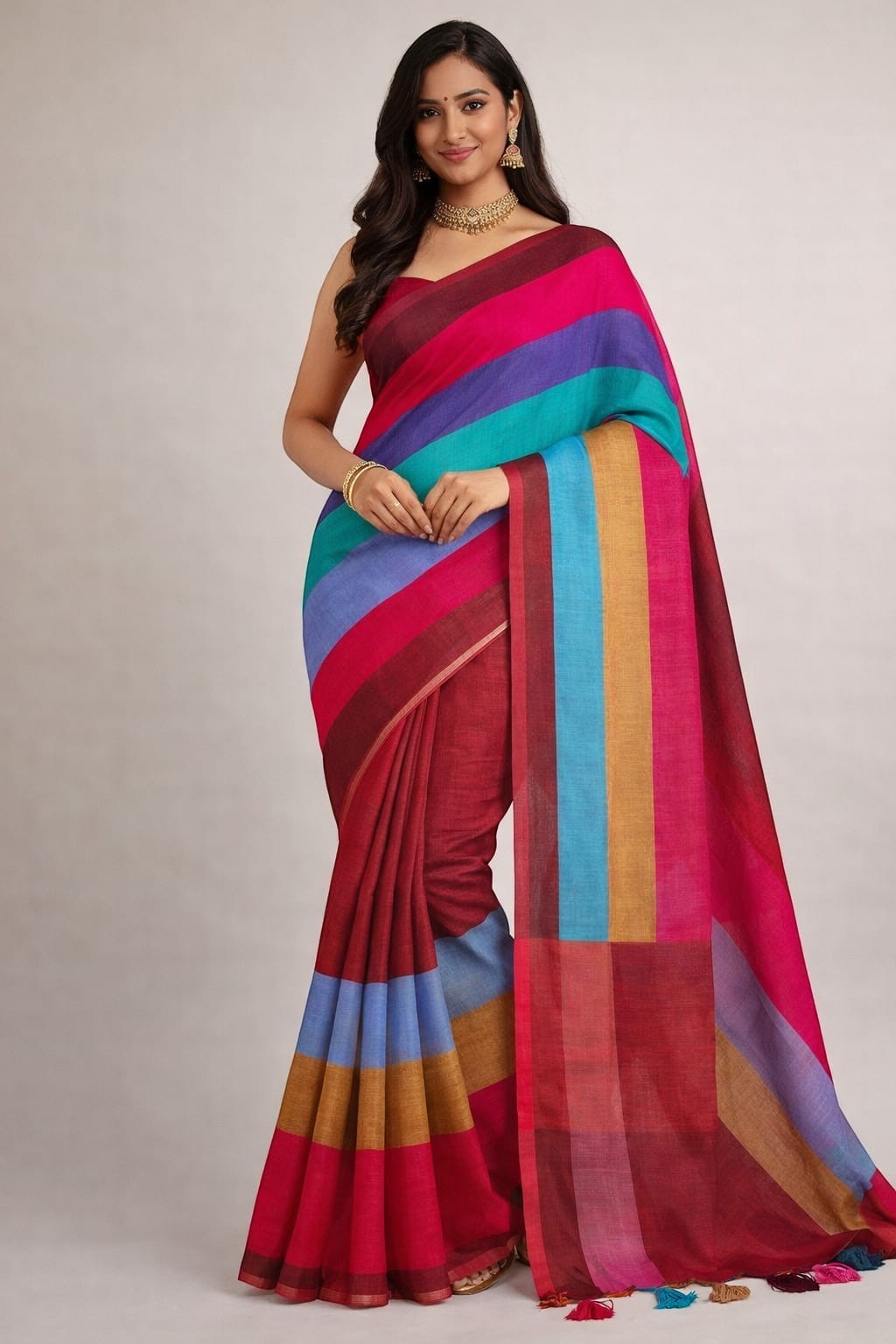 Naanu multicolor striped cotton saree with bold horizontal stripes in orange, hot pink, purple, magenta, and red. Casual festive wear.