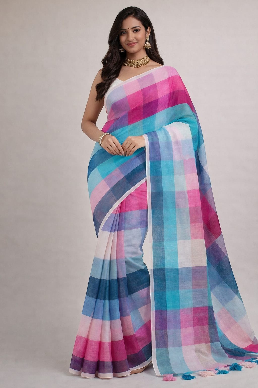 Naanu multicolor cotton saree with bold horizontal stripes in pink, blue, and white. Lightweight, casual and festive wear.