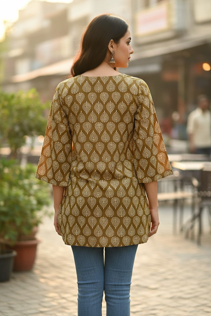 Naanu mustard olive gold white Bagh paisley block print cotton kurti with 3/4 bell sleeves and scoop neck.